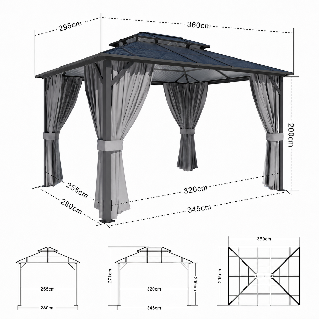 Retreat Double Roof Gazebo dimensions diagram showing 360cm by 295cm roof, 271cm overall height and post spacing